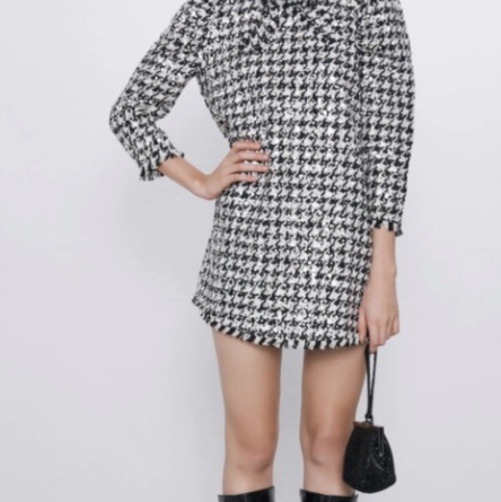 NEW ZARA HOUNDSTOOTH SEQUIN MINI DRESS LARGE